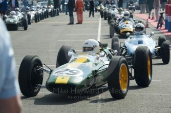 Nick Fennell, 1962 Lotus 25, in the paddock before the HGPCA pre-66 Grand Prix cars event at Silverstone Classic 2010