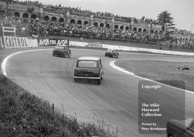 John Whitmore, Mini Cooper S, Paddy Hopkirk and John Rhodes at South Tower Bend. Crystal Palace, BSCC Round 6, June 3 1963.