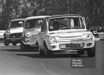 Jeff Ward, Hillman Imp, followed at the back by David Gumn, Morris Cooper S, Forward Trust Special Saloon Car Race, Mallory Park, 1972.
