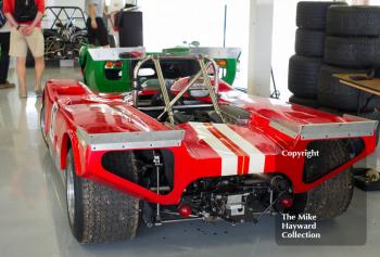 Nick Pink's Lola T10 in the pits during the 2016 Silverstone Classic.
