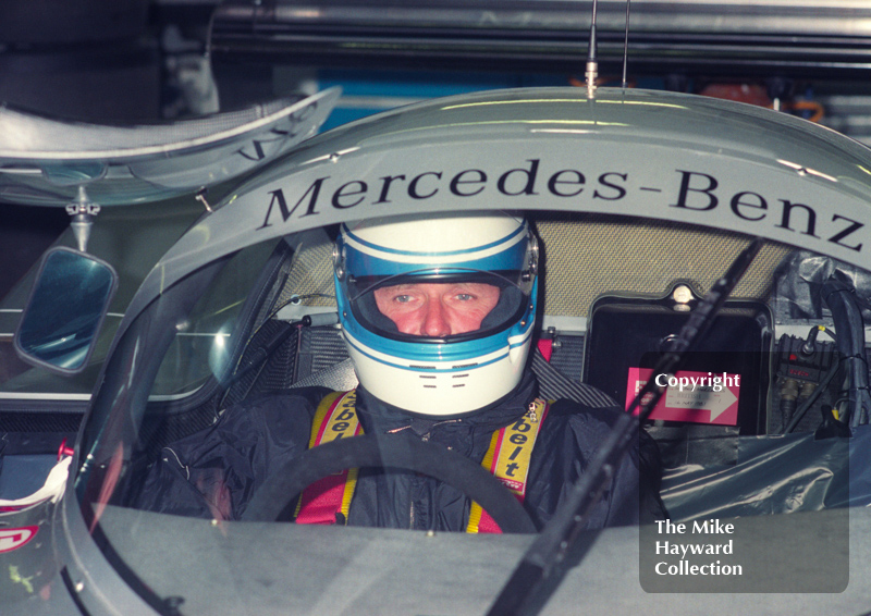 Jochen Mass, Mercedes C11, in the pits, Castrol BRDC Empire Trophy, World Sports Car Championship, Silverstone, 1991.
