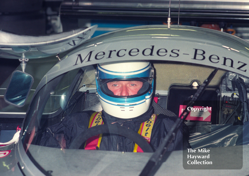 Jochen Mass, Mercedes C11, in the pits, Castrol BRDC Empire Trophy, World Sports Car Championship, Silverstone, 1991.