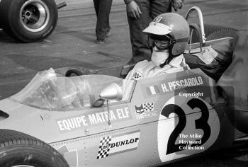Henri Pescarolo, Matra MS7, on the grid at the Thruxton Easter Monday F2 International, 1968.
