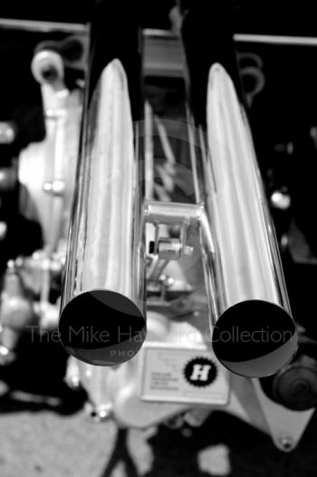 Black and white study of Lotus 25 exhaust pipes, Silverstone Classic 2010
