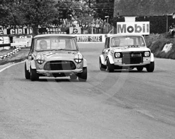 Ray Edge, Austin Mini, and John Hipkiss, Mini Clubman, Hepolite Glacier Saloon Race, Mallory Park, 1971
