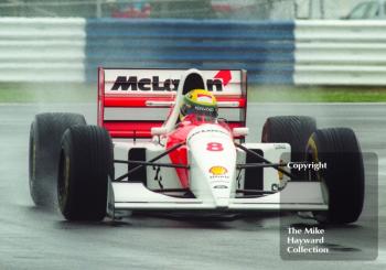 Ayrton Senna, McLaren MP4-8, seen during wet qualifying at Silverstone for the 1993 British Grand Prix.
