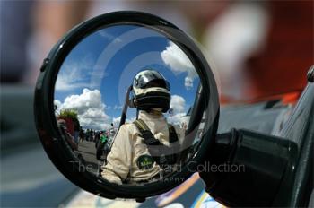 Steve Russell reflected in the mirror of his 1953 Cooper Bristol Mark IV prior to the HGPCA pre-1966 Grand Prix Cars Race, Silverstone Classic 2009.
