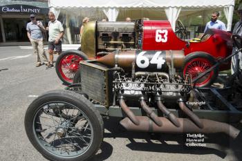 Mike Walker's 1905 Darracq land speed record car parked next to the Beast of Turin, Chateau Impney Hill Climb 2015.
