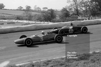 Rodney Bloor, Sports Motor (Manchester) Lotus 32 Cosworth, and Roy Pike, R J Thomas Engineering Lotus 22 Cosworth, Grovewood Trophy, Mallory Park, May 1964.
