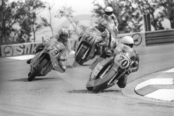 Neil Storey, 998 Moss Honda, Keith Ferrell, 998 Kawasaki, Steve Henshaw, at Donington Park, April 1982.