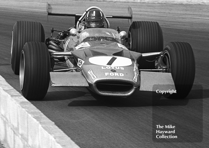 Graham Hill, Gold Leaf Team Lotus 49B, Silverstone, 1969 British Grand Prix.