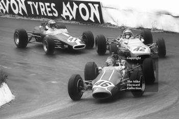 Roy Pike, Titan Mk 3 Ford; Reine Wisell, Tecno 68 Ford; and Tony Lanfranchi, Alan Fraser Racing Brabham BT21B; Mallory Park, Guards International Trophy, 1968.
