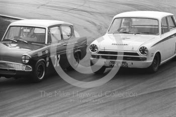 Mike Walker, Team Broadspeed Ford Anglia, and Barry Pearson, Lotus Cortina, PHK 615D, Thruxton Easter Monday meeting 1968.
