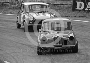 J Veness, MG Gnat Mini, and Robin Farquhar, Mini Cooper S, Special Saloon Car Race, Peco Trophy meeting, Oulton Park, 1968
