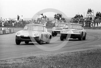 Peter Jackson, Bill Dryden and Don Marriott, all driving Lotus Elans, W D and H O Wills Trophy, Silverstone, 1967 British Grand Prix.
