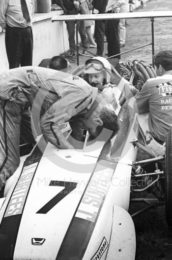 John Surtees, Honda RA301 V12, in the pits, British Grand Prix, Brands Hatch, 1968
