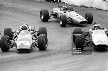 John Miles, Lotus 41X Ford; Ian Ashley, Chequered Flag/Scalextric McLaren M4A; and Philippe Vidal, Goodwin Racing Brabham BT21; Mallory Park, F3 Guards International Trophy, BRSCC 4000 Guineas meeting, 1968.
