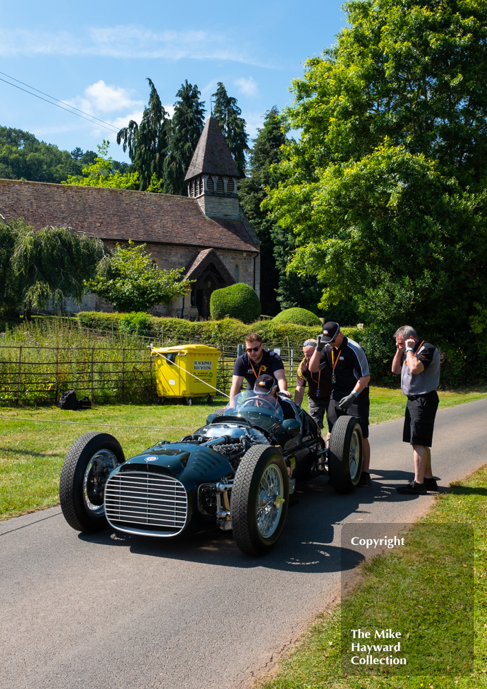 V16 BRM starting up next to the parish church, Shelsley Walsh Classic Nostalgia, 16th July 2022.