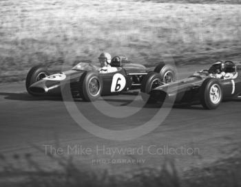 Denny Hulme, Repco Brabham BT10, and Jim Clark, Ron Harris Lotus 32, Oulton Park Gold Cup meeting, 1964.