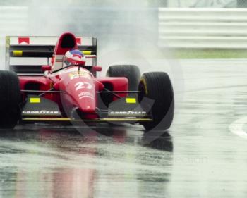 Jean Alesi, Ferrari F93A, seen during wet qualifying at Silverstone for the 1993 British Grand Prix.

