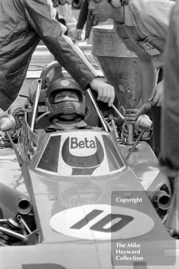 Vittorio Brambilla, March 741, in the pits at Brands Hatch, 1974 British Grand Prix.
