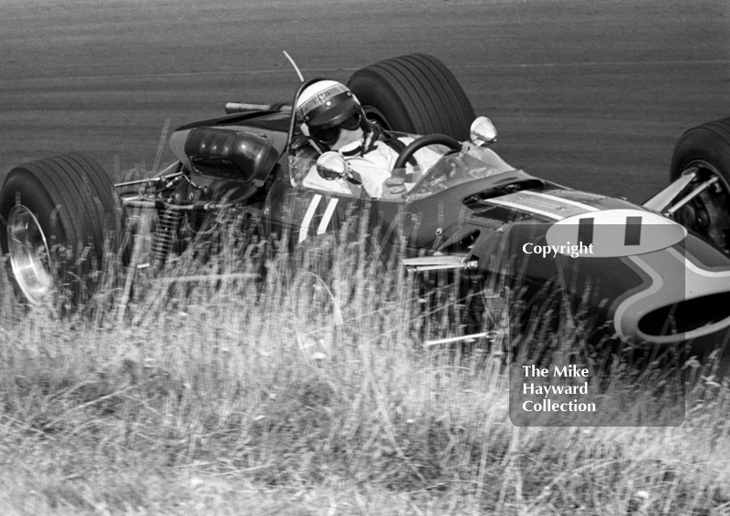 Jackie Stewart at Esso Bend heading for second place in a Tyrrell Matra Ford MS7-02, Oulton Park, Guards International Gold Cup, 1967.