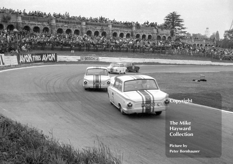 Albert Powell, Jaguar 3.8, Richie Ginther, John Willment Ford Cortina GT, David Haines and Jeff Uren. Norbury Trophy for Touring Cars, BSCC Round 6, Crystal Palace, June 3 1963.