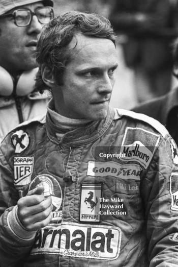 Niki Lauda on the grid at the Race of Champions, Brands Hatch, 1976. Lauda retired on lap 17 with brake line failure in his Ferrari 312T/2.
