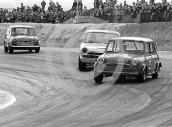 Tony Youlten, Cars and Car Conversions Mini Cooper S, and Barry Pearson, Lotus Cortina, Easter Monday meeting, Thruxton, 1968.
