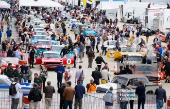 Pre-66 Big Engined Touring Cars lined up in the paddock, 2016 Silverstone Classic.
