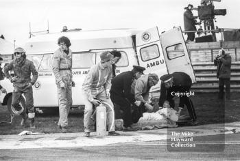 Alberto Colombo receives treatment after crashing at the chicane, Thruxton, Easter Monday 1975.
