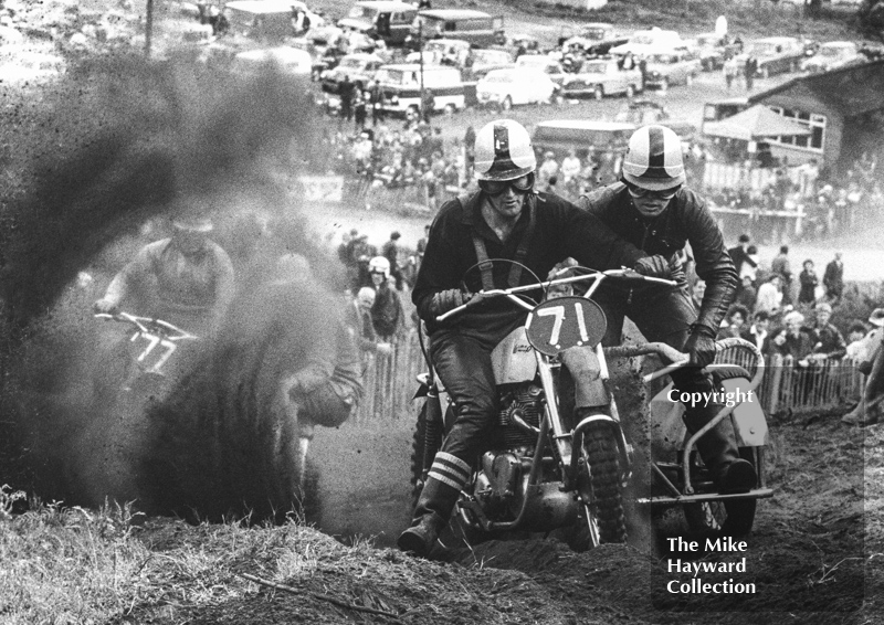 Sidecars kick up dust on the hill, 1966 motocross meeting, Hawkstone.