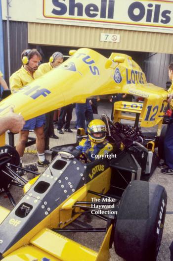 Ayrton Senna, Camel Lotus 99T, during practice for the British Grand Prix, Silverstone, 1987.
