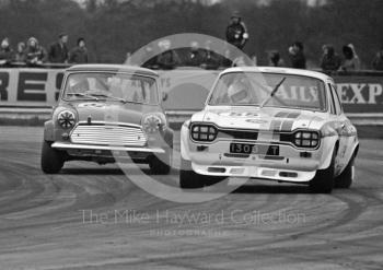 Vince Woodman, Team Broadspeed Ford Escort, and Richard Longman, Mini Cooper S, Silverstone International Trophy meeting 1972.
