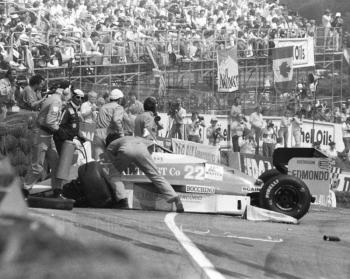 Allen Berg's Osella after first lap accident, Brands Hatch, British Grand Prix 1986.
