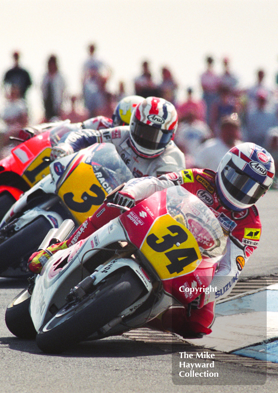 Kevin Schwantz, Team Lucky Strike Suzuki, and Mick Doohan, Rothmans Honda, Donington Park, British Grand Prix 1991.