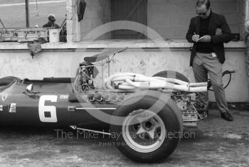 The Ferrari 312 V12 0009 of Jacky Ickx in the pits, Brands Hatch, 1968 British Grand Prix.
