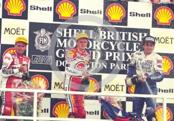 Race winner Kevin Schwantz, runner up Wayne Rainey and in third place Mick Doohan, Donington Park, British Grand Prix 1991.