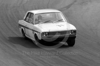 Brian Robinson, Lotus Cortina, at Bottom Bend, British Saloon Car Championship race, 1968 Grand Prix meeting, Brands Hatch.
