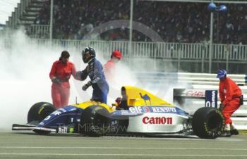 Damon Hill, Williams Renault FW15C, retires from the race, Silverstone, British Grand Prix 1993.
