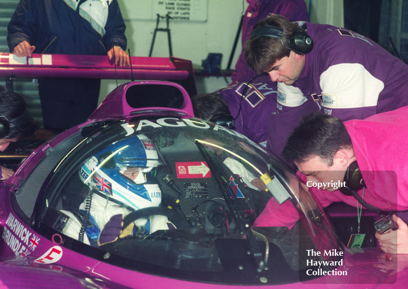 Derek Warwick in the pits, Silk Cut Jaguar XJR-14 Cosworth V12, Castrol BRDC Empire Trophy, World Sports Car Championship, Silverstone, 1991.