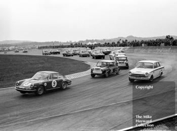 Vic Elford, Porsche 911, BEM 911F, ahead of John Rhodes, Mini Cooper S, and Tony Dean, Lotus Cortina, on the first lap at Campbell Corner, Thruxton Easter Monday meeting 1968.
