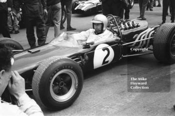 Jack Brabham, Repco Brabham V8 BT19, on the grid for the start of the Silverstone International Trophy, 1966.
