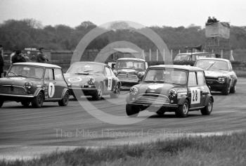 Alec Poole, Equipe Arden Mini Cooper S; Martin Ridehalgh, Mini 7 Club Mini Cooper S; and Nick Faure, Demetriou Group Porsche 911; Silverstone Martini International Trophy meeting 1969.
