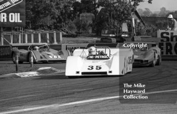 Mike Wheatley, BRM P154 Chevrolet, leads Ted Williams, March 707 Chevrolet, Historic Championships Meeting, Donington Park, 1983.
