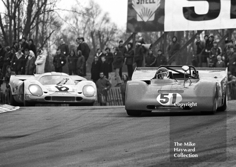Jacky Ickx, Ferrari 312P, and Jo Siffert/Derek Bell, JW Porsche 917K, Brands Hatch, BOAC 1000k 1971.
