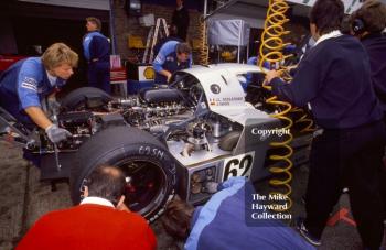 Mechanics work on the Sauber Mercedes C9/88 of Jean-Louis Schlesser and Jochen Mass, Wheatcroft Gold Cup, Donington Park, 1989.
