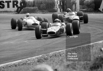 Jackie Oliver, Lotus 48 (R48-3), ahead of team mate Graham Hill, Lotus 48 (R48-2) and Chris Meek, Alexis Mk 8, during Heat 2, Guards European F2 Championship, Brands Hatch, 1967.
