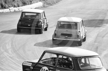 John Rhodes, works Mini Cooper S, and Peter Lague, Ian Bax Morris Mini Cooper S, leave the hairpin at Mallory Park, BRSCC 4000 Guineas 1968.
