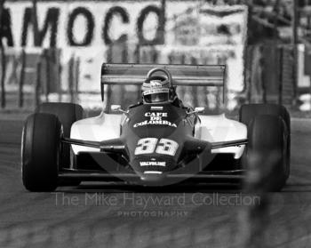 Roberto Guerrero, Theodore N183 on the way to 16th place, British Grand Prix, Silverstone, 1983
